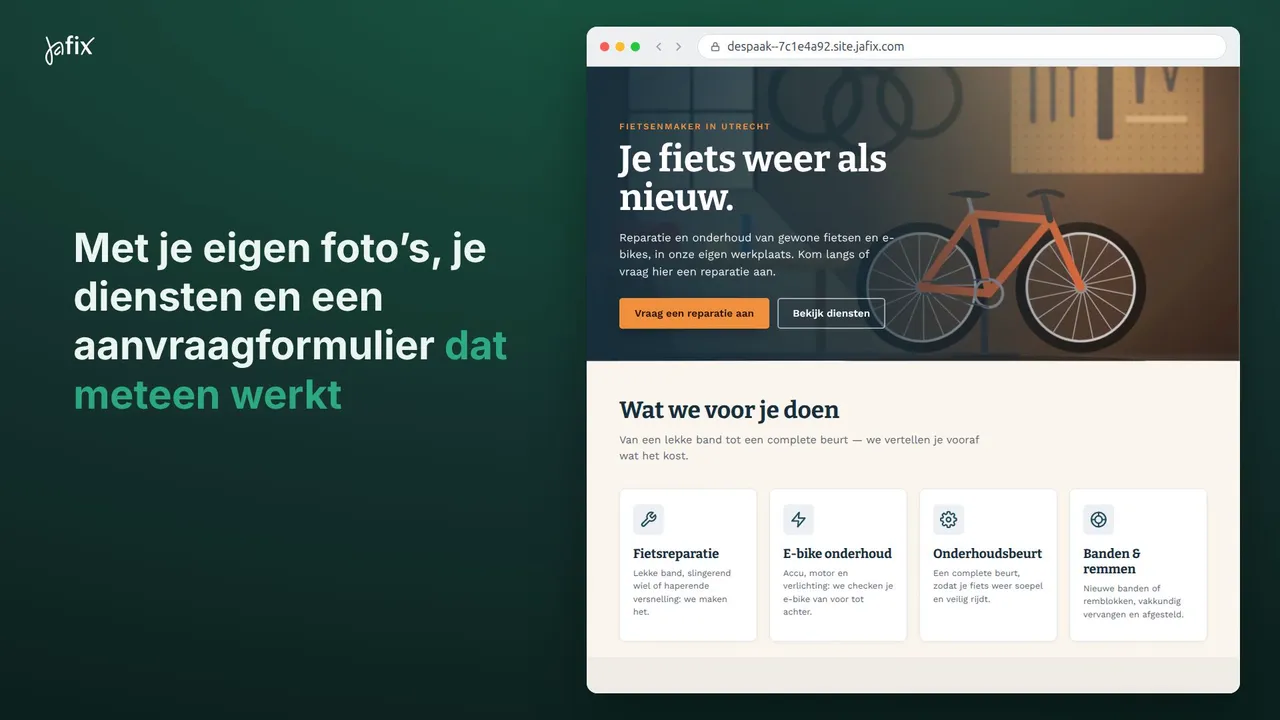 Beeld uit de video: de tekst 'Met je eigen foto's, je diensten en een aanvraagformulier dat meteen werkt' naast de website van een fietsenmaker die de assistent heeft gebouwd